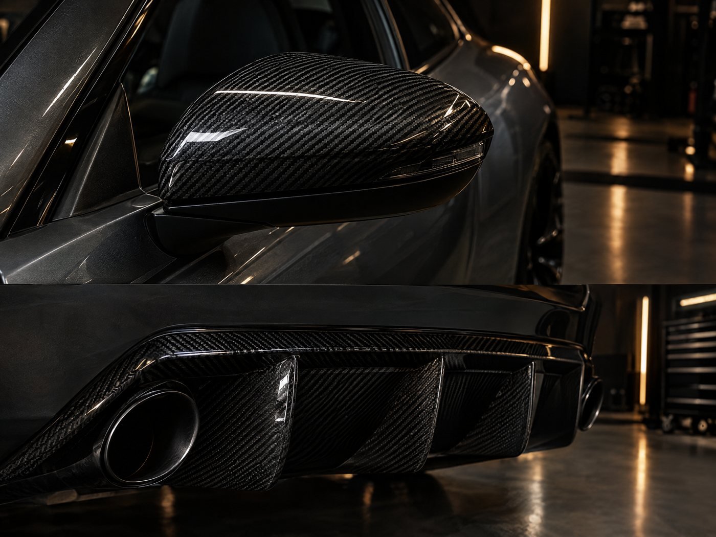 Illustration of a carbon fibre mirror cap and rear diffuser
